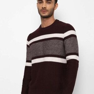 Vintage American‎ Eagle Mens Striped Crew Neck Knit Sweater Burgundy White